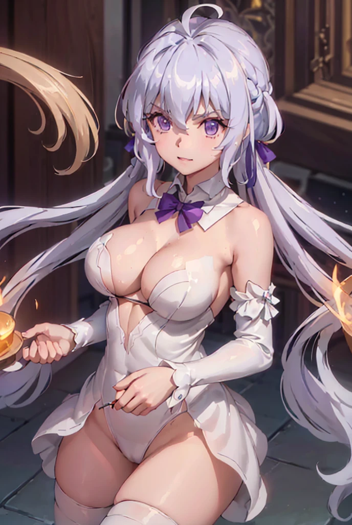 ((masterpiece)), ((Best quality)), (high resolution), (illustration), (an extremely delicate and beautiful), (ultra detailed beautiful face and eyes), nsfw, 1girl, leaning forward, YukineChris, long hair, purple eyes, twintails, low twintails, ahoge, large breasts, satin playboy bunny, fishnet pantyhose, red a bow tie, volumetric lightning, detailed skin texture, detailed, volumetric shadow, anime screencap,Highest quality, Sorceress, ancient babylonian nobility, ((tan skin:1.2)), (brown skin color),Long hair, twin braids, hair ornament, wine colored hair, smile, Below average size breasts, bare shoulders, (underboob:0Nudes、Large guns、Dual pistols 8K, masterpiece, Best_quality, high_resolution, ultra_details, detailed, 1girl, 独奏, long_hair, book, holding, looking_at_viewer, upper_body, indoors, braid, blurry, bangs, shirt, white_hair, blurry_background, Blue_eyes, collared_shirt, closed_mouth, ribbon, long_sleeves, church, hair_ribbon, hair_between_eyes, stained_Glass, Blue_ribbon, sidelocks, depth_of_field, light_particles, window, french_braid, Alphonse Mucha Style, sharp focus, perfect hands, perfect face, perfect eyes, perfect light, dynamic light, natural light, Masterpiece, Best quality,
