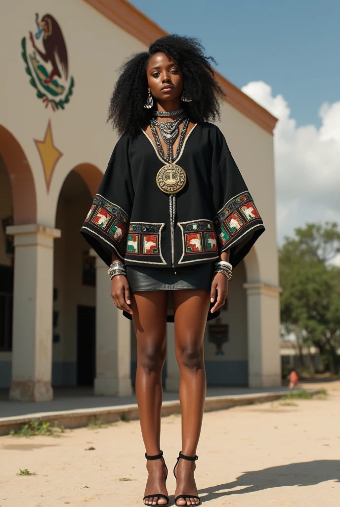 estilo: semi realista Gera uma  afro-mexicana com heterocromia (black eye black and the left one silver). His name is Miquitzin. Black hair with a subtle silver color that stands out in the sun and wind, curly to the ankles. Pele castanha clara. Altura 1.39 metrô. quadris ligeiramente largos. magro, subtly athletic flat physique. Shy and respectful expression. roupas: uma minissaia semelhante a uma tanga, couro preto, um pouco curto. Um pequeno poncho que a cobre até logo acima do umbigo, It is handcrafted with blanket-type fabric. The entire outfit features intricate and colorful embroidery of Aztec symbols., Zapotecs and Mayans. sandálias pretas de salto alto. Silver bracelets on both arms and a white leather bracelet on the right ankle. Large necklace on the neck with the Aztec symbol Ollin combined with the Ehecatl symbol engraved on it, The symbols will be painted in black colors, vermelho, azul e verde. cenário: in front of a military building from the 1940s, The walls and columns are decorated with simple murals of Aztec culture., Mayan and Zapotec. On his right side, In the background you can see a hasta, The flag of Cuitláhuac is waving in it. Soldiers can be seen carrying out different activities. pose: Miquitzin is standing in front of the camera with her legs slightly apart, feet turning subtly inwards, mãos nas laterais. Extras: wide shot image, Ela tem adornos de cabelo que simulam radares e antenas de rádio de um porta-aviões., The atmosphere in the image should be relaxed and casual, largely representing the estilo of photographic shots during the Second World War.
