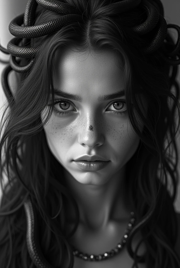 Black and white image of A girl in her teens who looks like medusa with normal hair