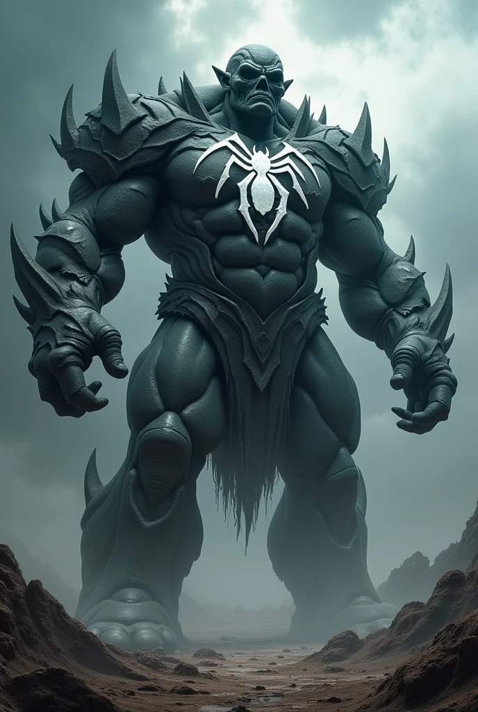 Create a realistic image of a Venom-style stone giant, color black, with the white spider symbol on the chest, CREATE A SCENARIO