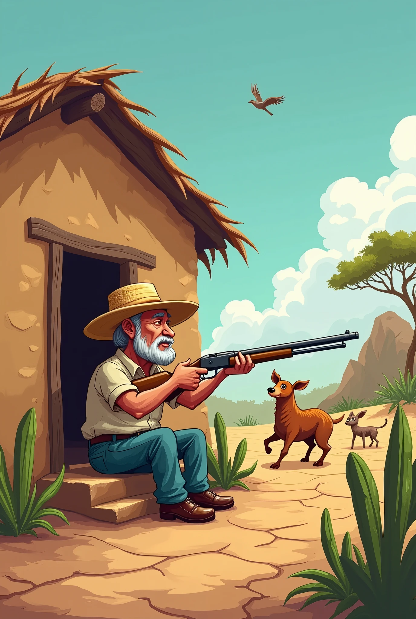 Character Sprite Description:
The character is a middle-aged man, with typical characteristics of a northeastern countryman, drawn in a cartoonish and humorous style. He is seen in profile (side view), sitting sideways at the entrance to his mud house, which is also in side view. He holds an antique shotgun in firing position., pointing to the right, ready to shoot the animals that emerge from the bush. The character wears a faded cotton shirt, jeans and a traditional straw hat.
Scenario:
The setting is a stylized landscape of the caatinga of Northeastern Brazil., também em side view. The ground is dry and cracked, with small bushes and cacti drawn in cartoon style. Behind the character, the adobe house is seen from the side, showing the cracked clay walls and an aged thatched roof. Ao fundo, there are dry, twisted trees and rocky hills, all designed to be viewed from the side, creating a sense of depth in the 2D scene.
Animals and Enemies:
The enemies are animals typical of the local fauna., like armadillos, preás, and birds, approaching from left to right in a lateral plane. The animals are drawn with an exaggerated and funny touch., complementing the game's humorous style. They move in a cartoonish way and jump or run towards the character..
Game Mechanics:
The player controls the character in a tower defense game, shooting to the right as the animals approach their home. The character can be upgraded with different types of weapons and additional defenses that appear in a side plane. As the player progresses, animals become faster and more numerous, increasing the challenge.
Sound Environment:
The game's sounds include the singing of birds typical of the caatinga, the dry wind blowing, and the sound of shotgun blasts. The sound effects are over the top and fun to match the style of the game..