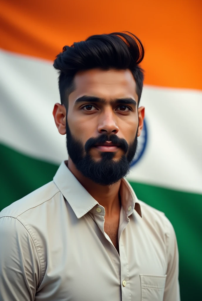 Indian 21 year young boy Beard. normal haircut And eye to eye. Shirt. stand position indian flag background