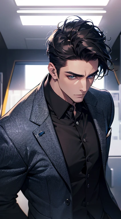 (best quality, masterpiece, 8K, photorealistic, cinematic lighting, 1:4 hdr image, top view, ultra detailed, beautiful image), a mature man, very handsome, short black hair, blue eyes, perfect face without errors , ((buttoning his jacket, CEO))