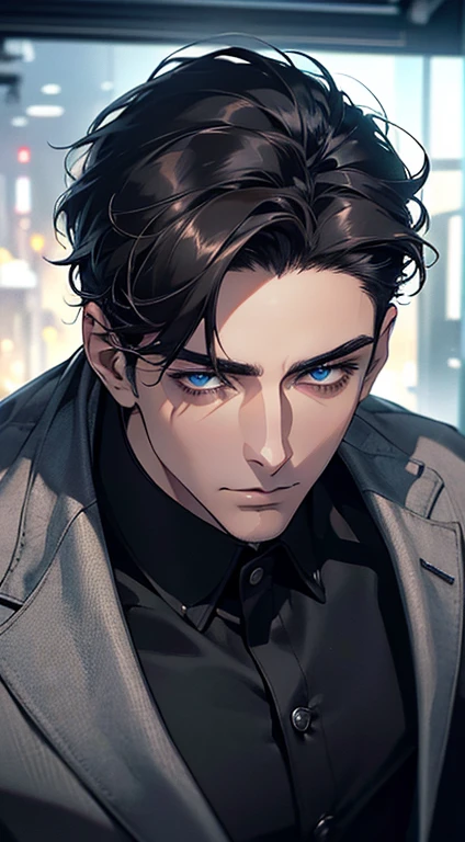 (best quality, masterpiece, 8K, photorealistic, cinematic lighting, 1:4 hdr image, top view, ultra detailed, beautiful image), a mature man, very handsome, short black hair, blue eyes, perfect face without errors , ((buttoning his jacket, CEO))