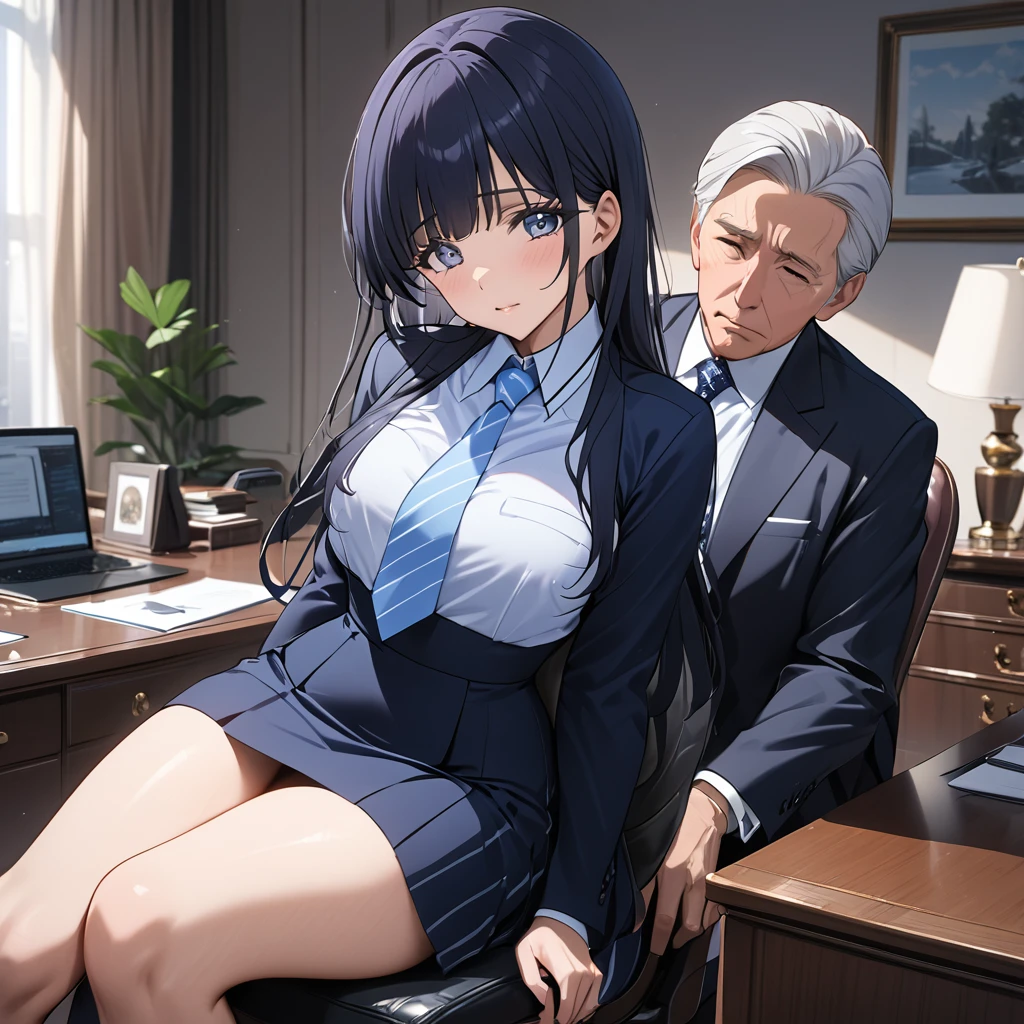 ((Highest quality)), ((masterpiece)), (detailed), (Perfect Face)、The woman is Reika Aoki with semi-long hair、The woman is a secretary to the president of a large company and is wearing a high-end suit and a high-end long tight skirt.、The woman is sitting on top of the president, who is sitting on a chair in his office, and he is hugging her from behind.