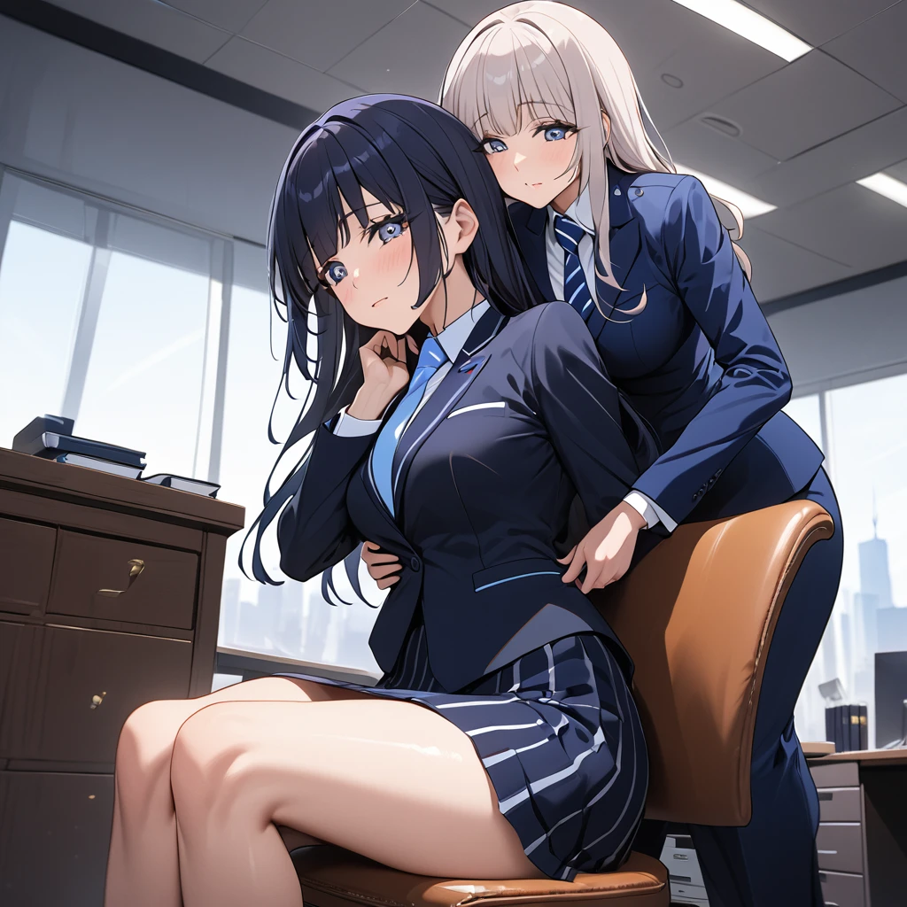 ((Highest quality)), ((masterpiece)), (detailed), （Perfect Face）、The woman is Reika Aoki with semi-long hair、The woman is a secretary to the president of a large company and is wearing a high-end suit and a high-end long tight skirt.、The woman is sitting on top of the president, who is sitting on a chair in his office, and he is hugging her from behind.