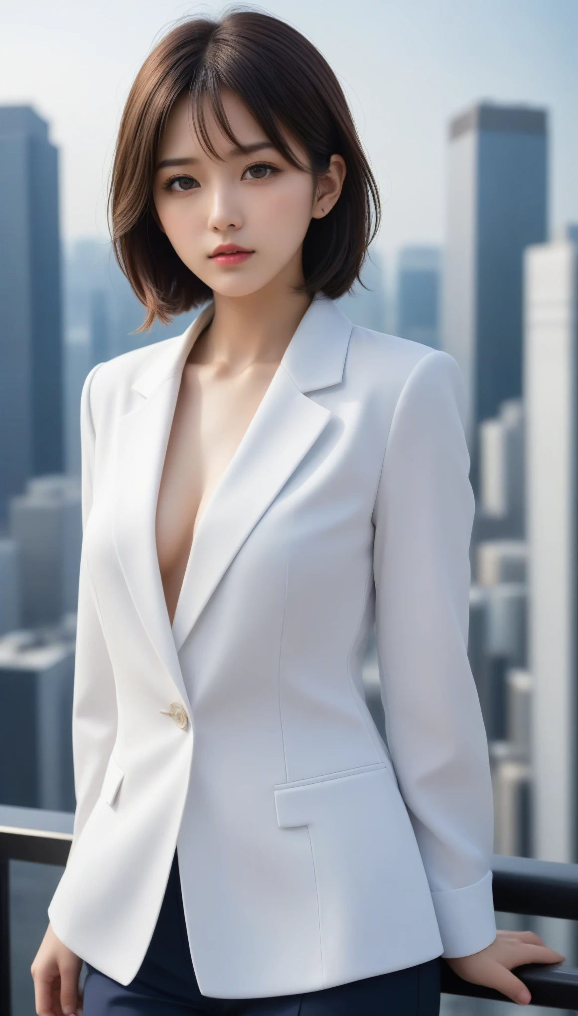 8k, Ultra-high resolution, Highest quality, masterpiece, 三分割法によるphotograph,Surreal, photograph, 1 , (:1.3), cute, cute顔, 細部までBeautiful Eyes, 細かくdetailedに,masterpiece,One Girl:1.2,Japanese women,Female announcer,upper body,glaring,Black short hair,messy hair,from below,(White shirt:1.3),Dark blue blazer,Rooftop,white collar,blue sky,Background of skyscrapers,(Beautiful attention to detail),Subtle details, detailedな顔,anger,Attractive eyes,(ポートレートphotograph:1.4),(Photorealistic images:1.4),Fantasy art,(Beautiful Face:1.4),美しくAttractive eyes、Beautiful Eyes,Silver residue,(Tight waist:1.4)、(Beautiful with perfect body proportions:1.4),Pink Lips,profile,(((Ideal body type))),A-cup small breasts :2,、Portraiture:2、Perfect Anatomy、鮮明なdetailed、detailed,Fashion magazine cover,Thin lips,完璧でBeautiful Face ,完璧でcute顔, Skin with attention to detail, Perfect limbs、Narrow waist,Surreal,Light and shadow,sunlight