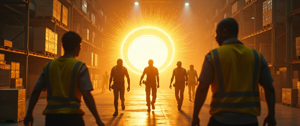 a material warehouse with lots of boxes and employees wearing yellow vests, the employees are sitting on the floor as hostage with silver tape on their mouths, there are also three masked bandits carrying the boxes, they are entering an interdimensional portal, the energy portal has yellow edges, Spark, lensflare, motion-blur, sparks,