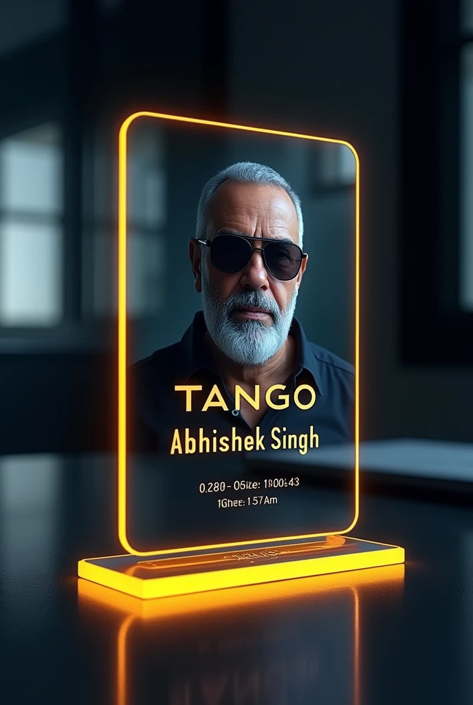 create a tango profile on glass id card on a black desk displaying Tango logo and realistic profile photo of a man with beard with sunglasses in circle and "Abhishek Singh" is written in bold fonts under the profile photo, the Tango card is glowing in yellow color on the edge.