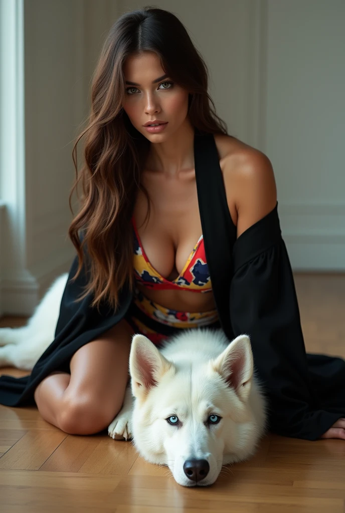 Hot russian girl with long brunette hair wearing a black kimono, Lying on her side on the floor, Spread your legs and bright image spreaded over legs twisted, sit, white girl hot ass and breast, a white husky with blue eyes is laying next to her, front view