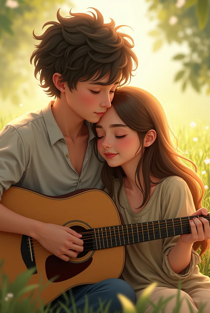 A boy with a guitar and a girl beside him laying her head on the boy's shoulder and singing 