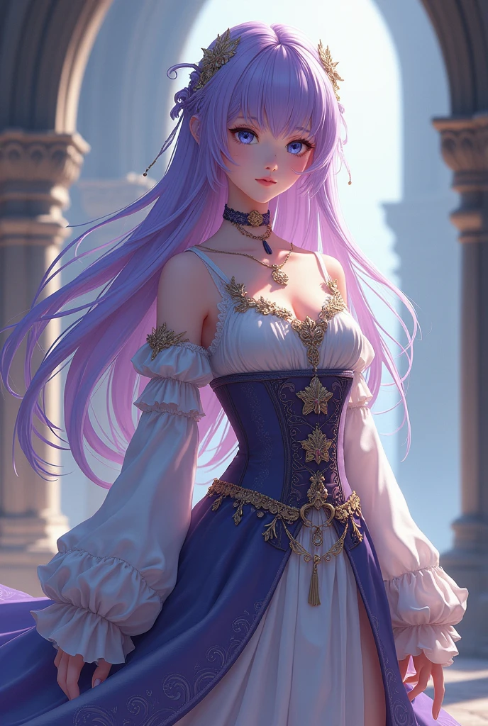 Anime girl lavender hair dull blue eyes medieval clothing anime full body
