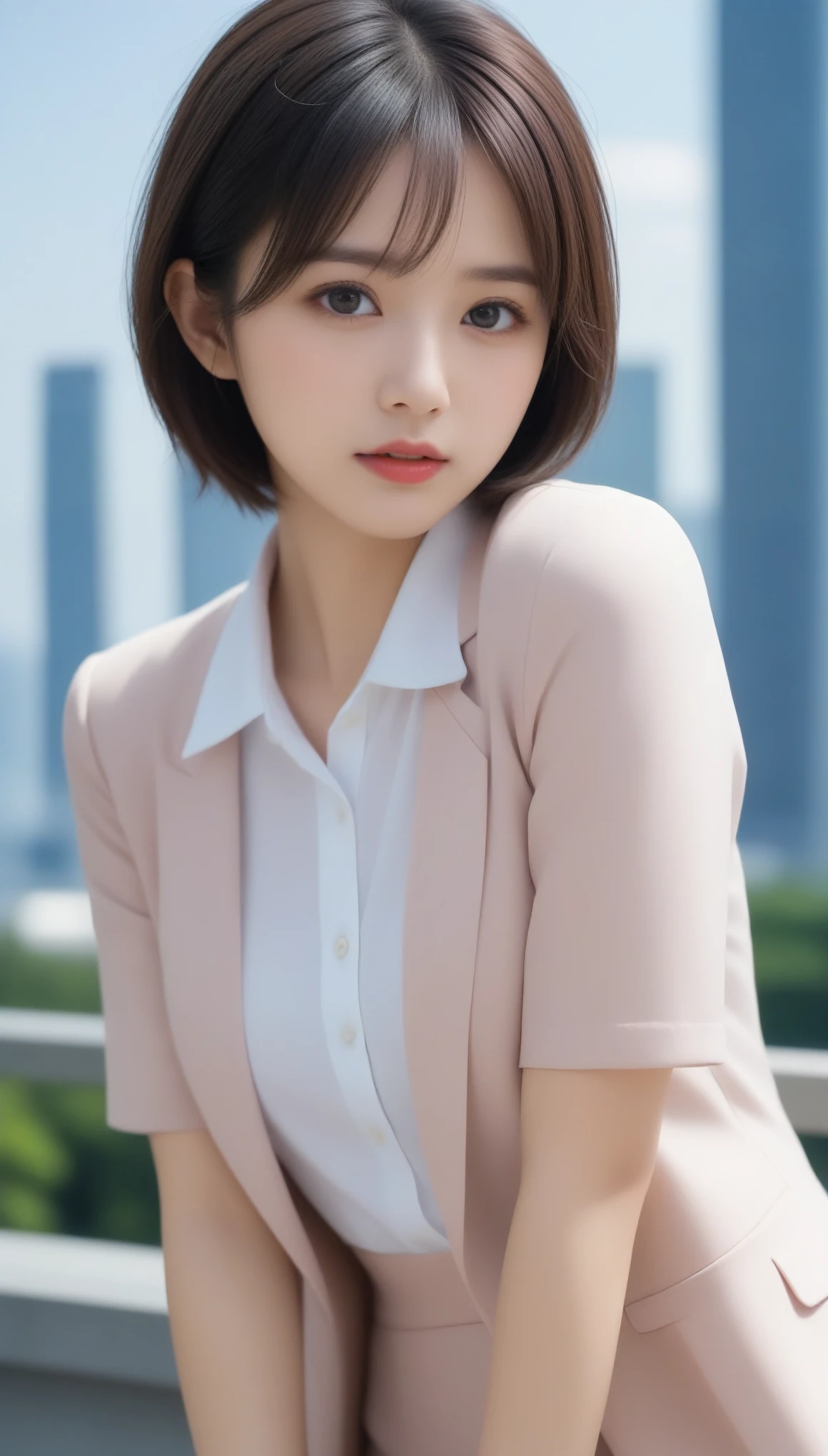 8k, Ultra-high resolution, Highest quality, masterpiece, 三分割法によるphotograph,Surreal, photograph, 1 , (:1.3), cute, cute顔, 細部までBeautiful Eyes, 細かくdetailedに,masterpiece,One Girl:1.2,Japanese women,Female announcer,upper body,glaring,Black short hair,messy hair,from below,(White shirt:1.3),Dark blue blazer,Rooftop,white collar,blue sky,Background of skyscrapers,(Beautiful attention to detail),Subtle details, detailedな顔,anger,Attractive eyes,(ポートレートphotograph:1.4),(Photorealistic images:1.4),Fantasy art,(Beautiful Face:1.4),美しくAttractive eyes、Beautiful Eyes,Silver residue,(Tight waist:1.4)、(Beautiful with perfect body proportions:1.4),Pink Lips,profile,(((Ideal body type))),A-cup small breasts :2,、Portraiture:2、Perfect Anatomy、鮮明なdetailed、detailed,Fashion magazine cover,Thin lips,完璧でBeautiful Face ,完璧でcute顔, Skin with attention to detail, Perfect limbs、Narrow waist,Surreal,Light and shadow,sunlight
