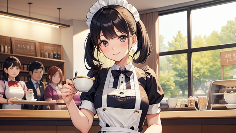In the maid café、Please draw an illustration of a smiling woman in a maid uniform serving tea to a customer.。The woman has a gentle expression、I enjoy talking to customers。In the background、The interior of the store is depicted with counters and decorations.。
