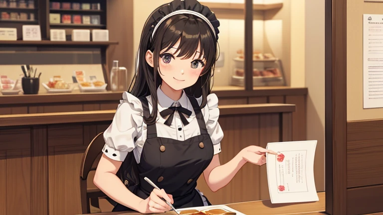 In the maid café、Please draw an illustration of a smiling woman in a maid uniform serving tea to a customer.。The woman has a gentle expression、I enjoy talking to customers。In the background、The interior of the store is depicted with counters and decorations.。