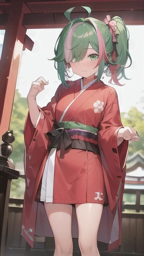 (((scrawny))),((Wheat skin)),(((tall))),tanlines,(side ponytail,ahoge,One eye is covered by hair,Green scrunchies),((Dark purple hair)),(fluorescent pink streaked hair),(Green Eyes),Cat Eyes,(Miko costume),Japanese Shrines