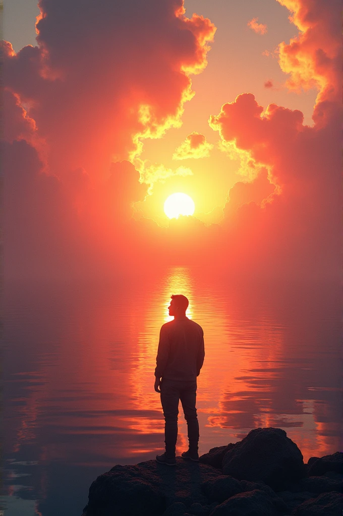 "Create an awe-inspiring image of a man standing on a cliff or beach, gazing out at a breathtaking sunset. The scene should capture the vibrant colors of the setting sun as it dips below the horizon, with dramatic skies and reflections in the water. The man, silhouetted against the vivid backdrop, should exude a sense of contemplation and wonder."