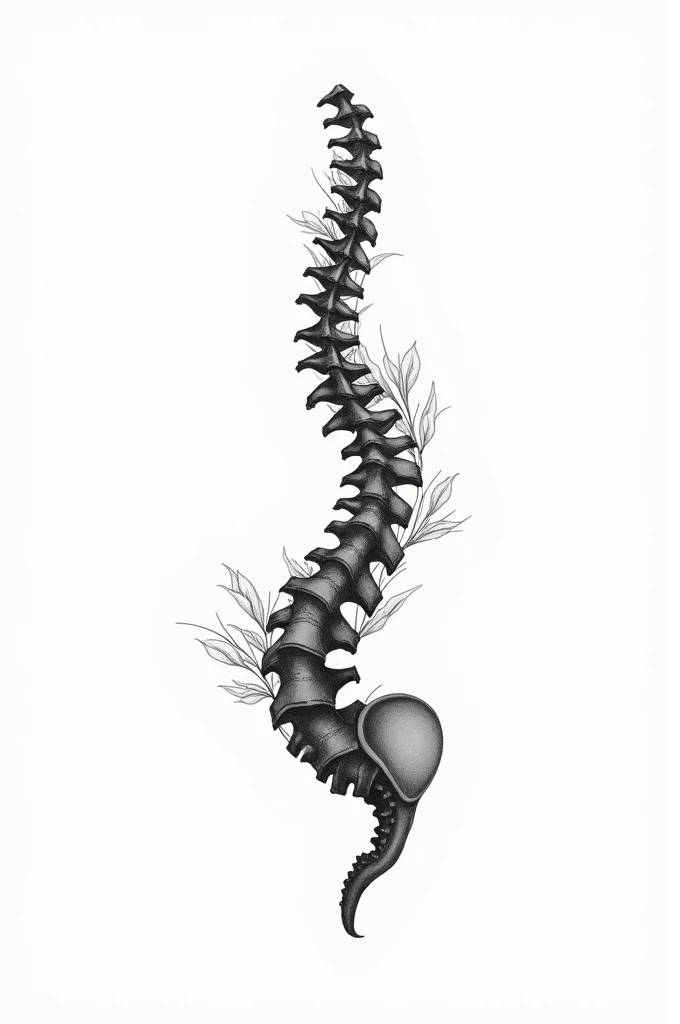 A minimalist picture of a broken backbone that was fixed with adelfa flowers in black and white for tattoo