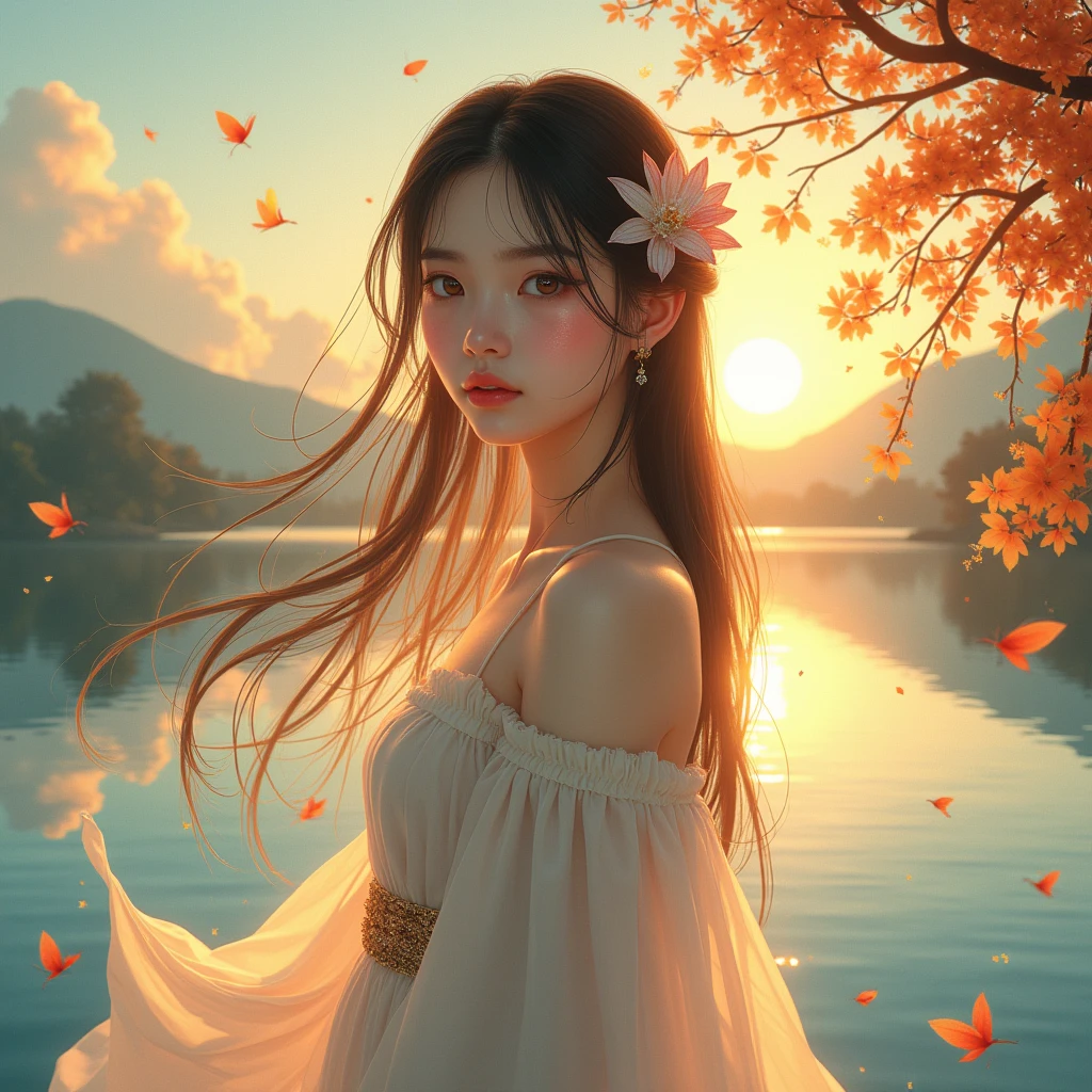 1 girl, Calm expression, Captivating eyes, Straight Long Hair, loose fitting dress, Calm posture, Porcelain-like skin, A faint blush, Crystal Pendant BREAK Golden Hour, (Rim Light):1.2, Warm tones, Solar flare, Soft Shadows, Vibrant colors, Painterly effect, Dream-like atmosphere BREAK Beautiful lake, Distant Mountain々, Willow Tree, Calm water, reflection, Sunlit clouds, Peaceful atmosphere, Beautiful sunset, Super detailed, Official Art, unity 8k wallpaper , Tangled, Mandala (Divine Beast), Nine-Tailed Fox, Dynamic Body Type, (Chinese Monster), good looking, splashed Ink, Chinese, One girl, ((whole body), ((2.5D)), Floating Hair, Beautiful Eyes, Delicate eyes, Delicate Silhouette, Fantasy art, (Antique black and red brocade hanfu), Fob, (masterpiece), Front shot, profile, White Background, (Movie Posters), sharp, splash, cloud, petal, zeroの, zero, (Wide-angle lens), Overlooking、Portraiture, Long Hair, Gray Hair, Golden Eyes, One girl, head, face, Magical girl, absurdists, masterpiece, Highest quality, Magical girl costume, ((Magical girl)), short hair, Devastation, Remains, Dynamic pose, Apocalypse, Spell casting, Style-Glass, Full Body Shot.masterpiece, Highest quality, One girl, Giant Tall horns, loungewear, Long Red hair, Red Eyes, Long hair, : Sunburn, two-tone background, fantasy of terror