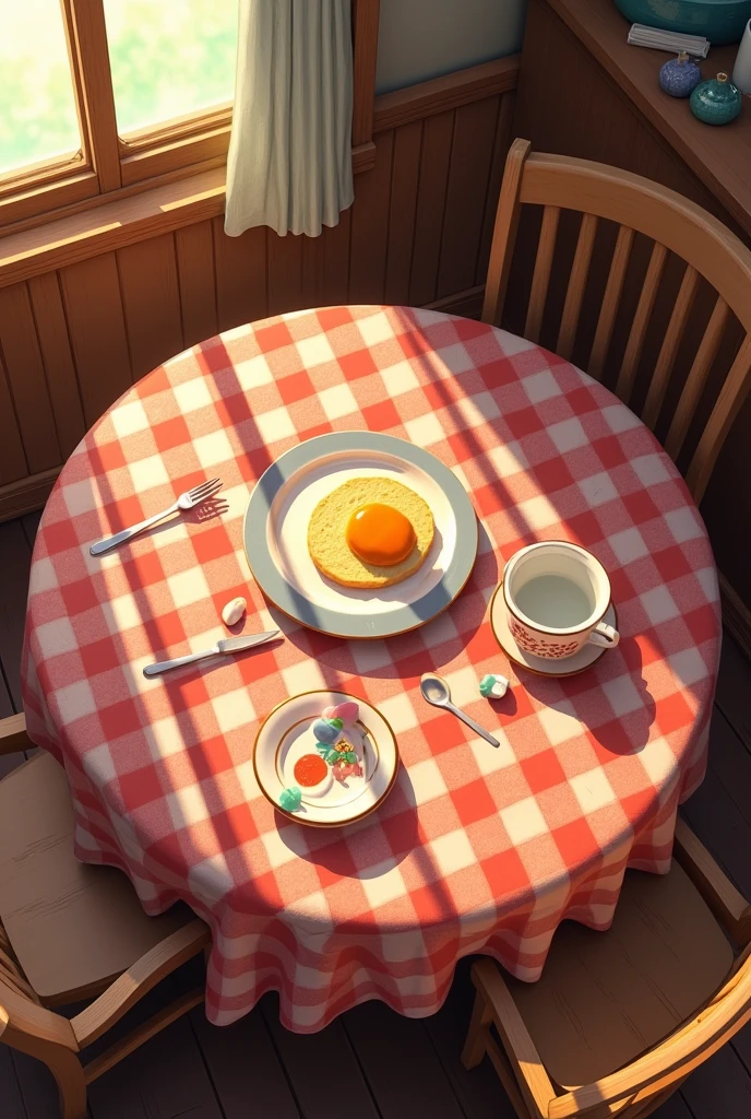 wood desk, long, with checkered tablecloth, with breakfast utensils, view from above.