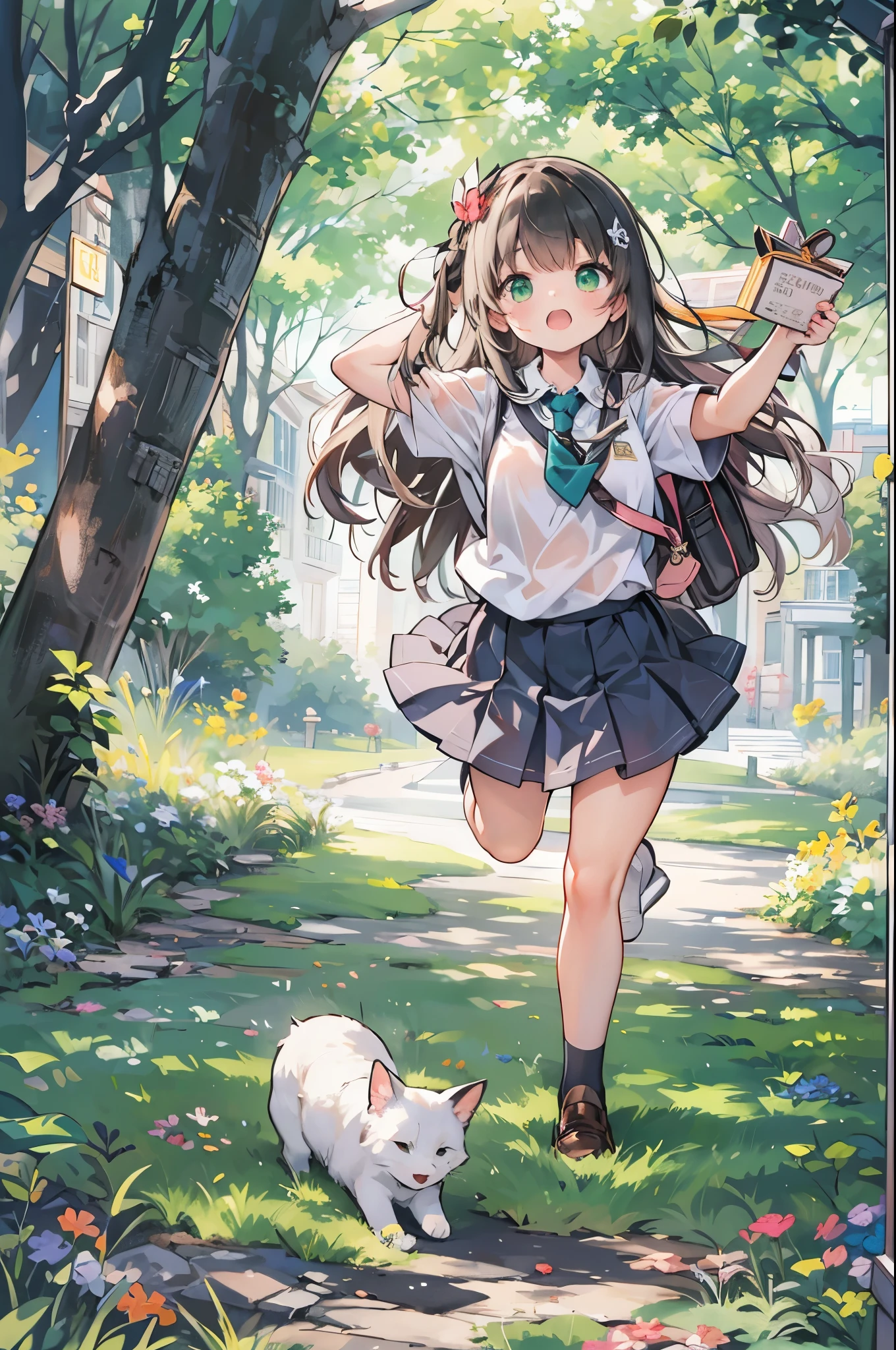 ((Highest quality, 8k, masterpiece: 1.3)), whole body,1 personの,1 person,,Glamorous Body,cute,Grim expression,Black Hair,Beautiful emerald green eyes,Long Hair,Put a loaf of bread in your mouth,Sprinting,Run,Landscape,((White short-sleeved blouse,tie)),((Green pleated mini skirt,loafers)),School zone,Carry a school bag,