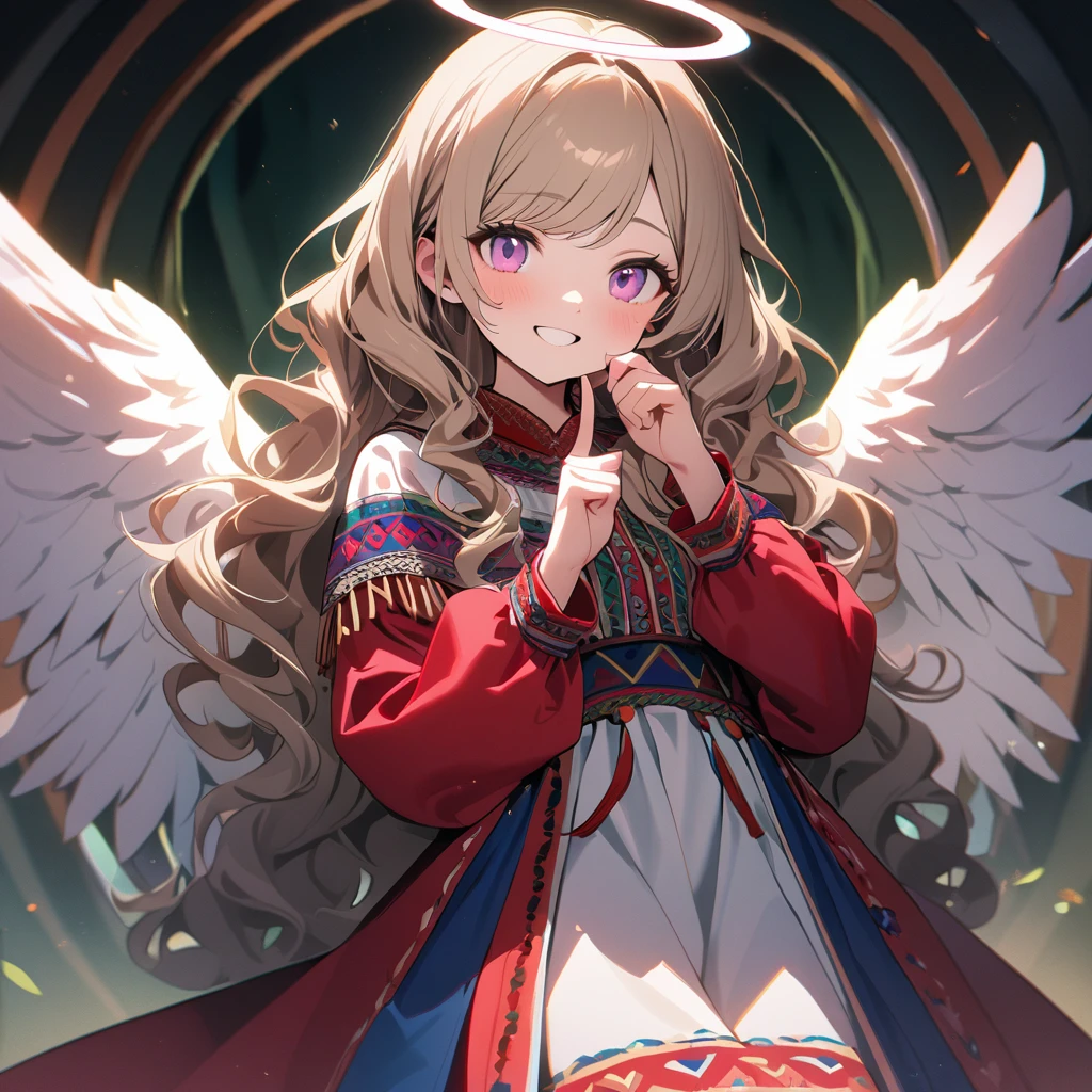 (8K, best quality, master piece: 1.2),ultra-high resolution,1 girl,solo,16yo,(finger heart),ultra-detailed face,pink eyes,gradient eyes,lash extension,Long hair,khaki hair,wavy hair,halo,swept bangs,sheer sleeves,Moldova folk costume with angel wings on back,looking at viewer,Cowboy shot,happy,rimlight,The arched green tunnel