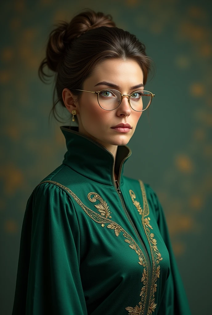 Half aged woman, with brown hair tied in a tight bun, wearing golden glasses, wearing elegant emerald witch outfit, with witch hat, with a stern face.