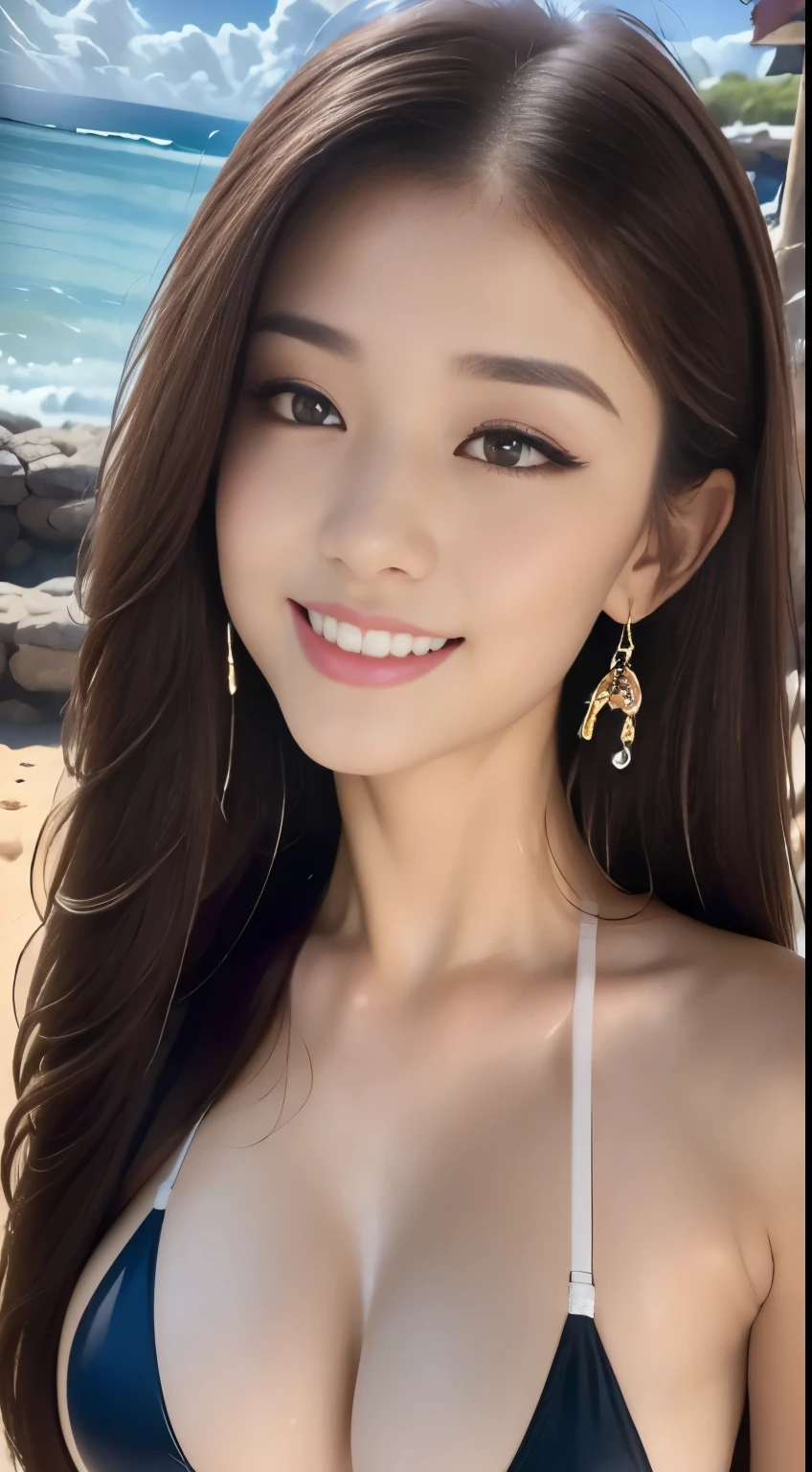 ((Highest quality, 8k, masterpiece :1.3)), One Girl, Selfie, close, A very loving smile:1.2,Asking for a kiss:1.2. Slim face, Beautiful woman, (Dark brown hair), Big Breasts:1.3,Blue Micro Bikini Swimsuit,Highly detailed face, fine grain, double eyelid, Blur the background, outside, street, sunny, Ocean, nature,Hawaiian sand beach, (Maximum resolution: 1.4), (Ultra-high resolution: 1.2), Cinematic Light, (Detailed eyesと肌), (Detailed facial features), 8k resolution, Perfect Style, Beautiful expression、Highly detailed faceと肌の質感、Detailed eyes、double eyelid、Glitter Eyeliner:1.2、((Pure white skin:1.2)),Glossy Lips:1.2、((Full Body Shot:1.2)),(Straight Hairstyles、Dark brown hair)、One-length long hair、175cm,Slim Abs