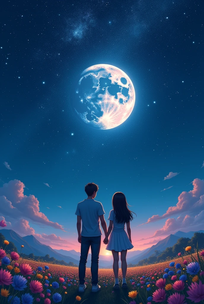 Back view、Ultra Wide Angle、Male and female couple、Starry Sky、full moon、flower、Highest quality,