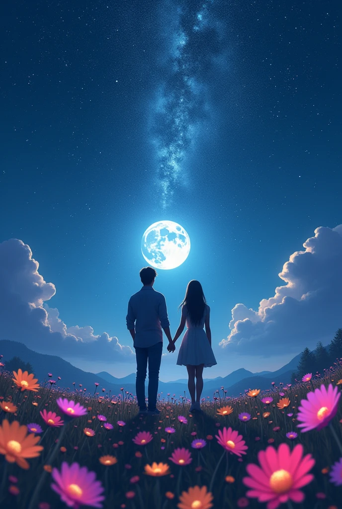 Back view、Ultra Wide Angle、Male and female couple、Starry Sky、full moon、flower、Highest quality,