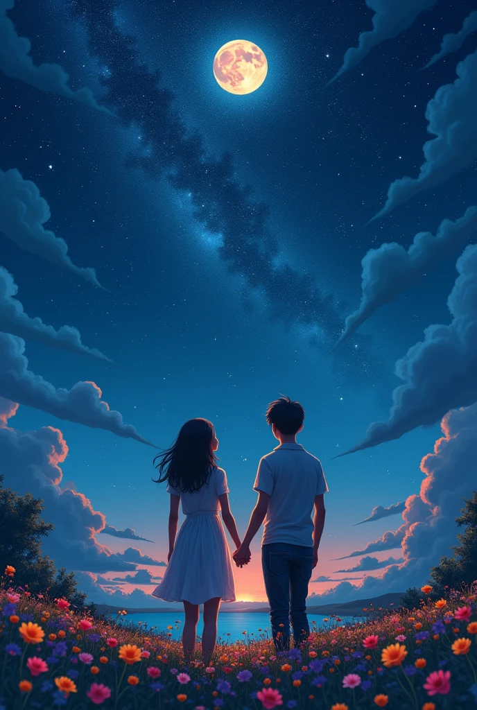 Back view、Ultra Wide Angle、Male and female couple、Starry Sky、full moon、flower、Highest quality, 