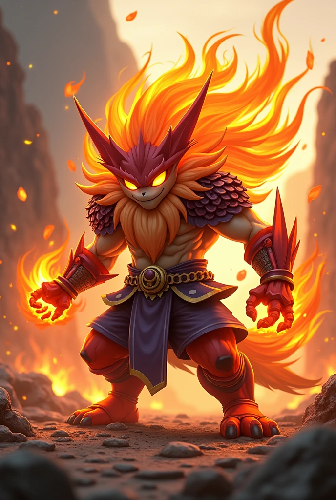 Create a fire and fighting type pokemon with their evolutions, a simple and medium pokemon