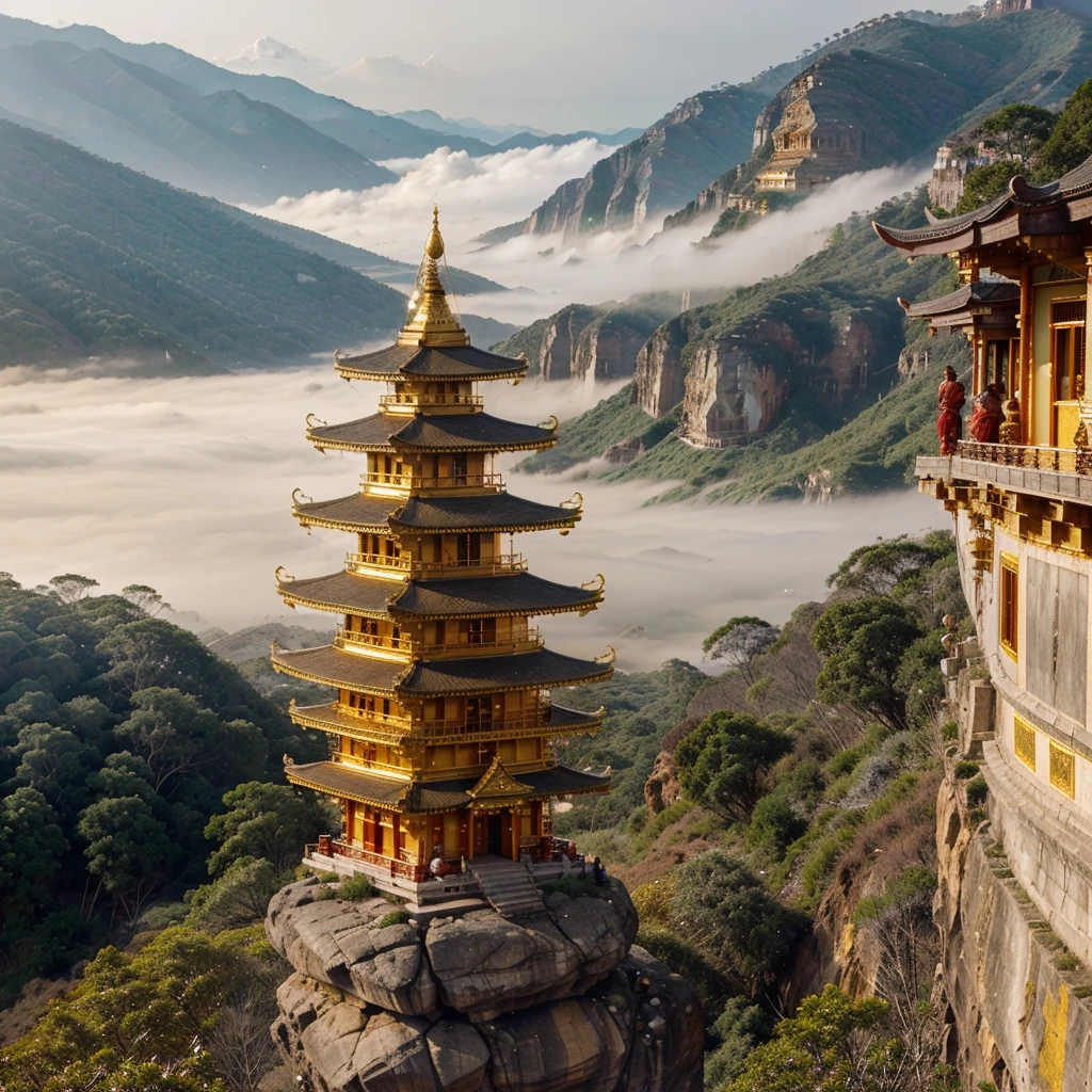 A stunning image of the Golden Rock (Kyaiktiyo Pagoda), precariously balanced on the edge of a cliff, with devotees applying gold leaf to the rock. The scene captures the mystique and sacredness of this pilgrimage site, with the surrounding mountains shrouded in mist.