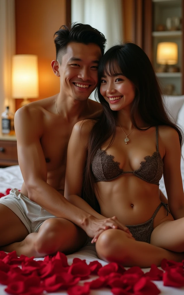 Romantic atmosphere in a luxury hotel room, a handsome Indonesian man smiling happily short hair neat not wearing clothes wearing shorts sitting with a beautiful slim Indonesian woman red lips seductive smiling happily long hair straight bangs wearing lingerie bikini sleeveless short tight shorts wearing necklace bracelet, they both sat on a luxurious bed filled with roses, very bright lights, There is a glass cabinet near the bed. Next to the bed there is a wooden table with a Jack Daniels drink on the table.. Very bright lighting, face is clearly visible.