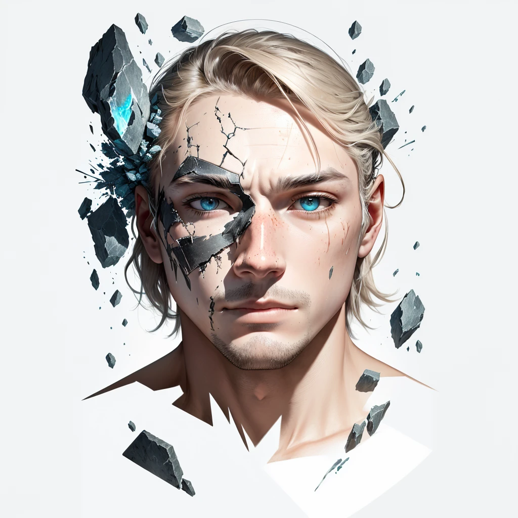 a drawing of a man's face with broken glass on it, stone face, face melting into the universe, sunken face, finely illustrated face, broken mask, decaying face, stylized face, cracked porcelain face, face melting, solemn face, deformed face, a face, detailed face with mask, shattering, crystal face, weathered face, A face with a mask breaking into pieces, revealing hidden emotions beneath the surface.