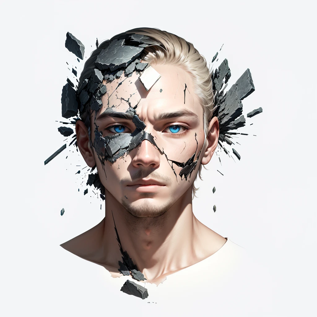 a drawing of a man's face with broken glass on it, stone face, face melting into the universe, sunken face, finely illustrated face, broken mask, decaying face, stylized face, cracked porcelain face, face melting, solemn face, deformed face, a face, detailed face with mask, shattering, crystal face, weathered face, A face with a mask breaking into pieces, revealing hidden emotions beneath the surface.