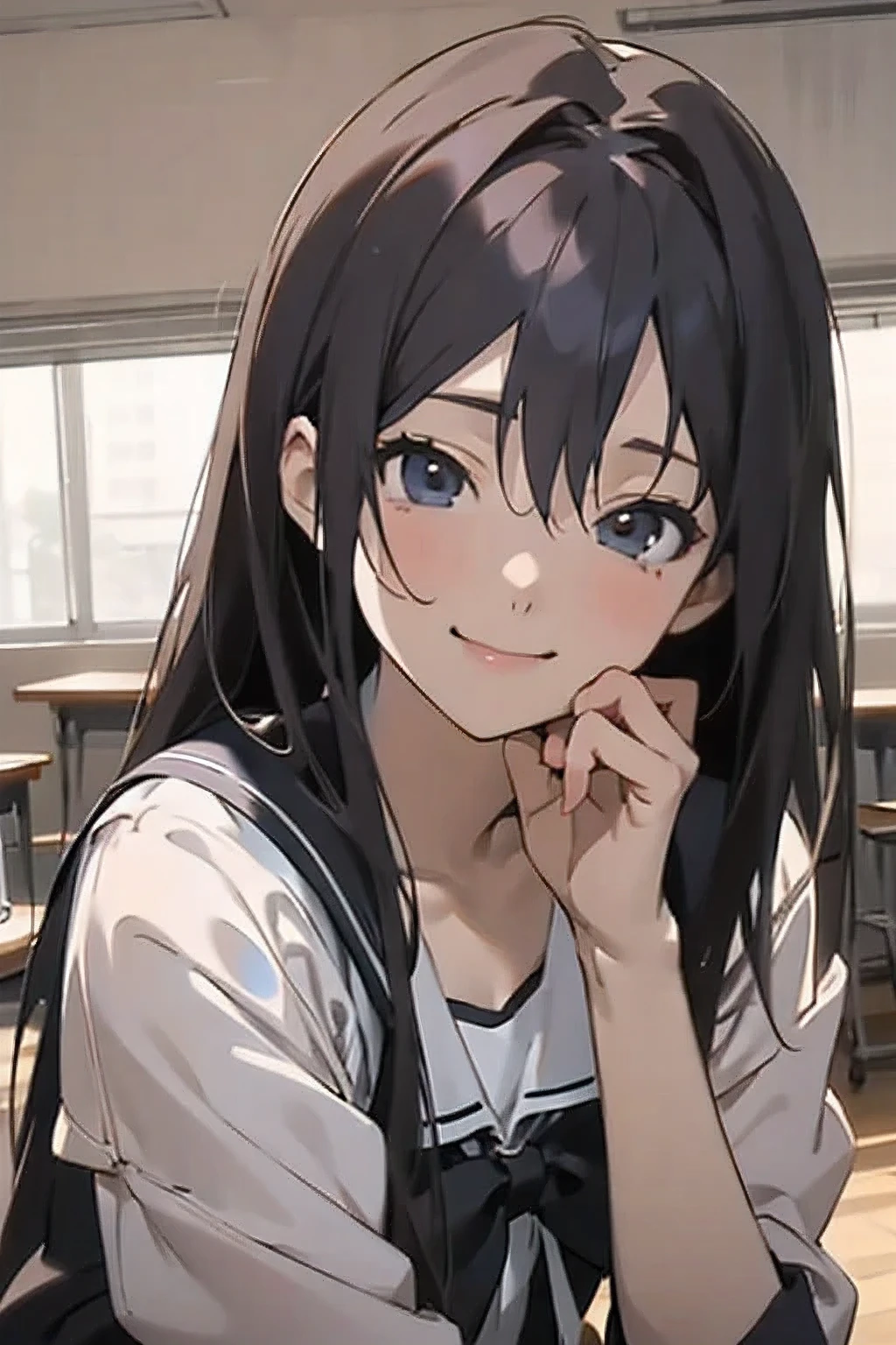 anime girl sitting on the floor with her hand on her chin, an anime drawing by Jin Homura, pixiv, academic art, a hyperrealistic schoolgirl, hyperrealistic schoolgirl, beautiful anime high school girl, realistic schoolgirl, smooth anime cg art, seductive anime girl, cute schoolgirl, cute anime girl, young anime girl, attractive anime girl, smiling