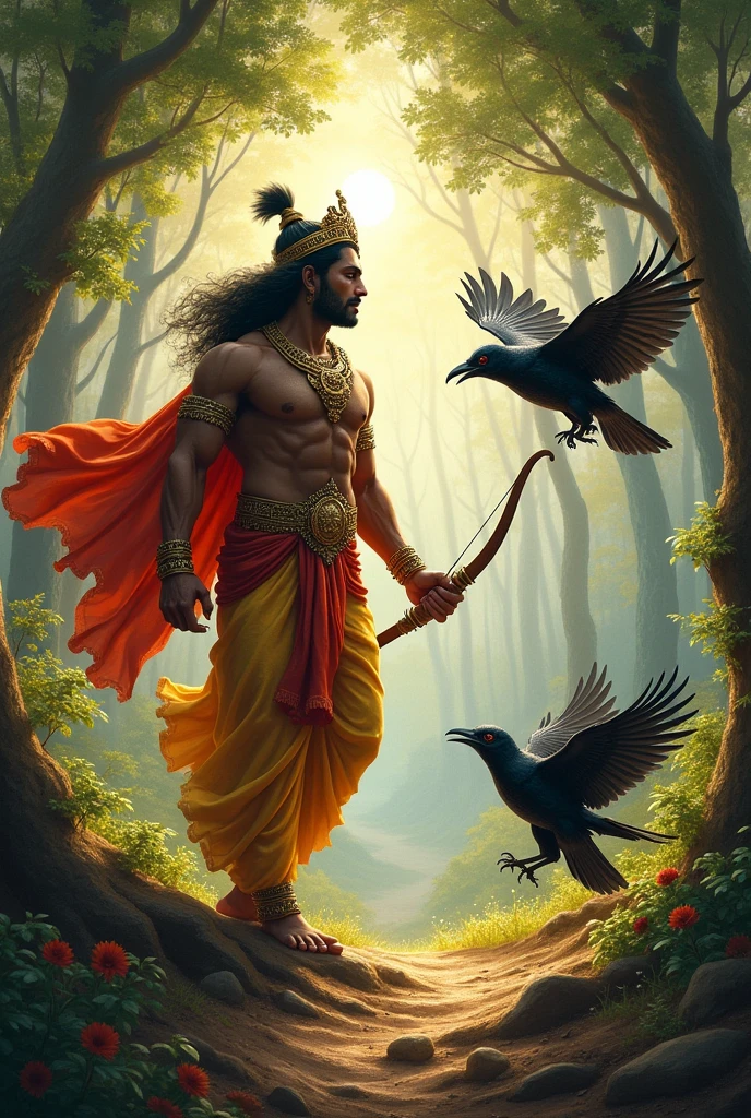 Seeing Goddess Sita in pain, Lord Ram became extremely angry. In response, he released an arrow targeted at the crow (Jayant). Terrified, Jayant realized the gravity of his mistake and began fleeing for his life.