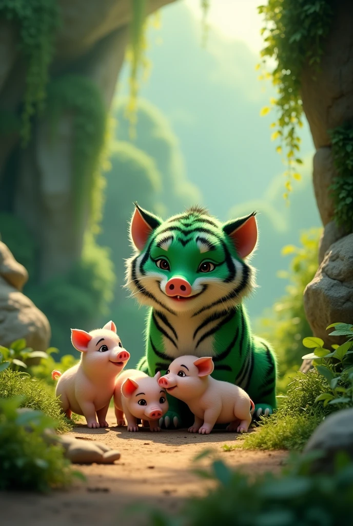 蒂芬妮綠 a green tiger in a mountain cave, caring for many little pigs, happy expression, cute realistic style, forest mountain cave background, detailed animal anatomy, animal fur texture, natural lighting, photorealistic, 8k, high quality, intricate details, dynamic composition, lush vegetation, warm color palette, depth of field