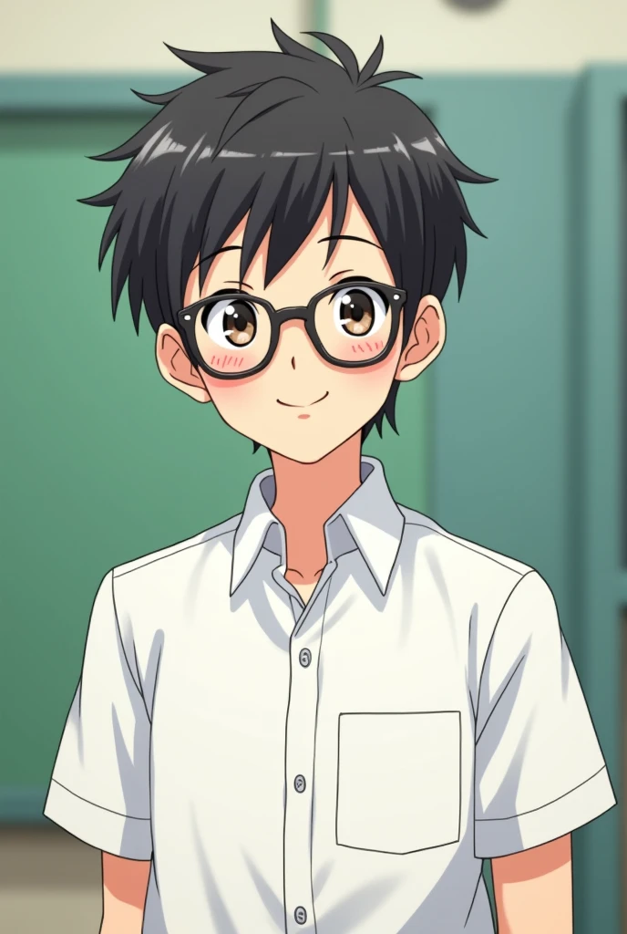 A 12 yr old boy named Jp sanchez with glasses and polite and good looking
Normal anime
Student white uniform
No ties no blushing
