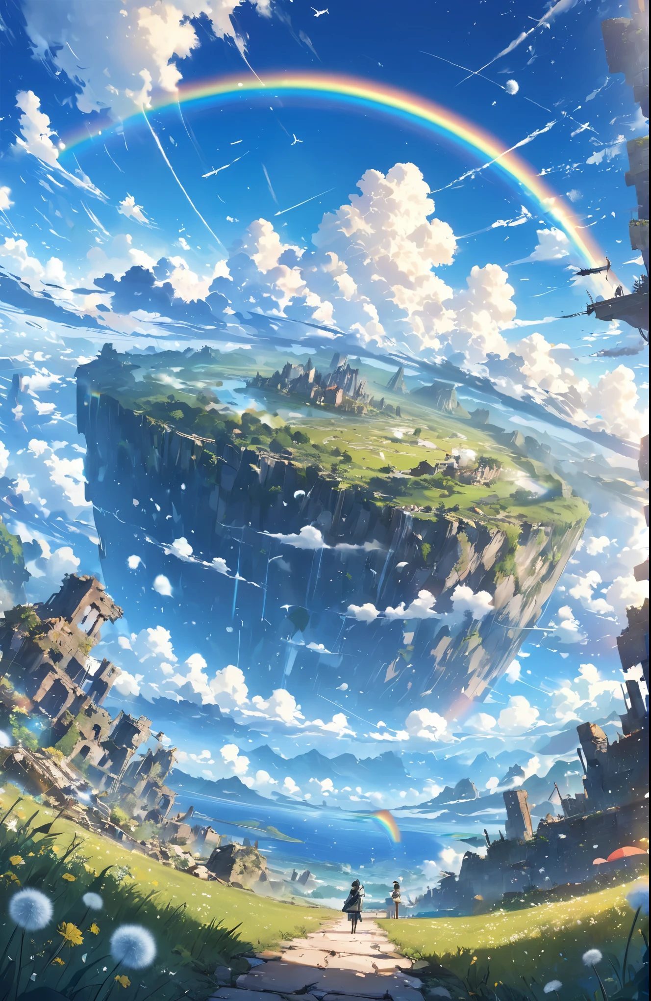 ((Amazingly absurd)),(masterpiece:1.2),超High resolution, Attention to detail, high quality, High resolution, 最high quality, 4K, 8k、very beautiful、landscape、landscape画、Endless blue sky、A rainbow appears、There is a group of ruins、Dandelion fluff flies up,rainbow、Big planet in the sky