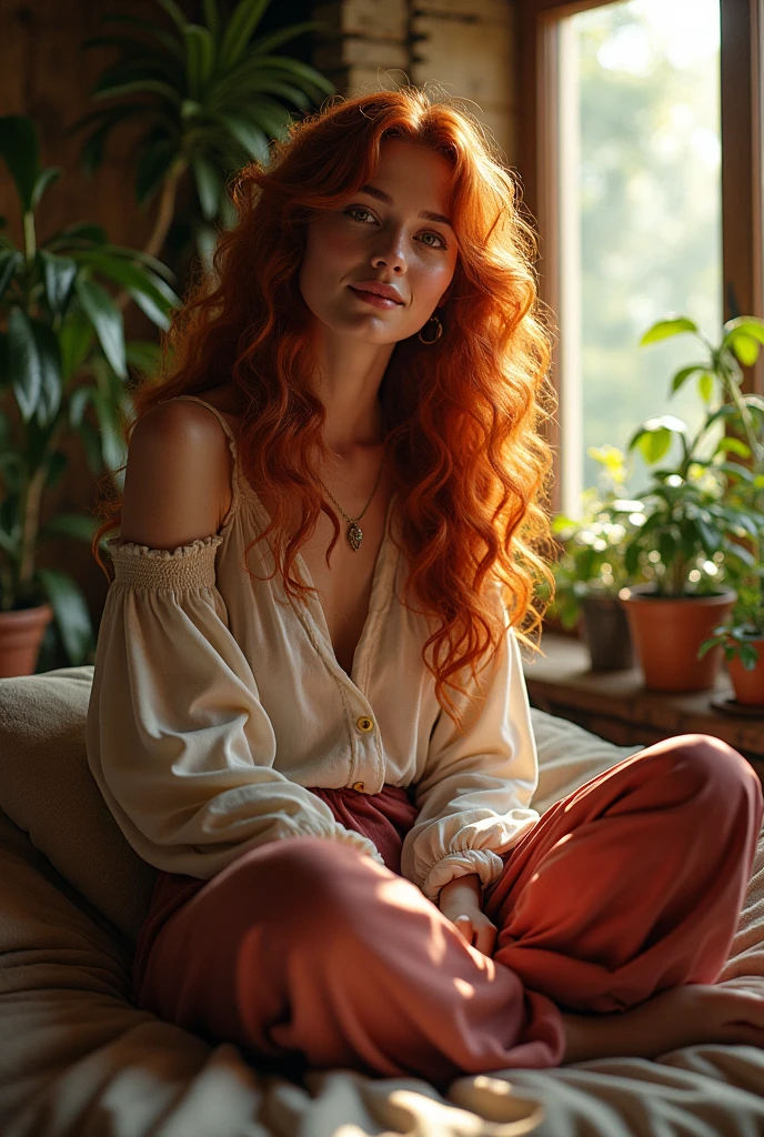 (photorealism:1.2), beautiful woman, redhead. Rogue, D&d, sitting on bed, wearing loose off-shoulder top, pajama pants, long curly hair, indoors, tavern, soft lighting, plants in background, window with sunlight, cozy room, relaxed pose, realistic, intricate details, warm colors, by Greg Rutkowski, by Alphonse Mucha