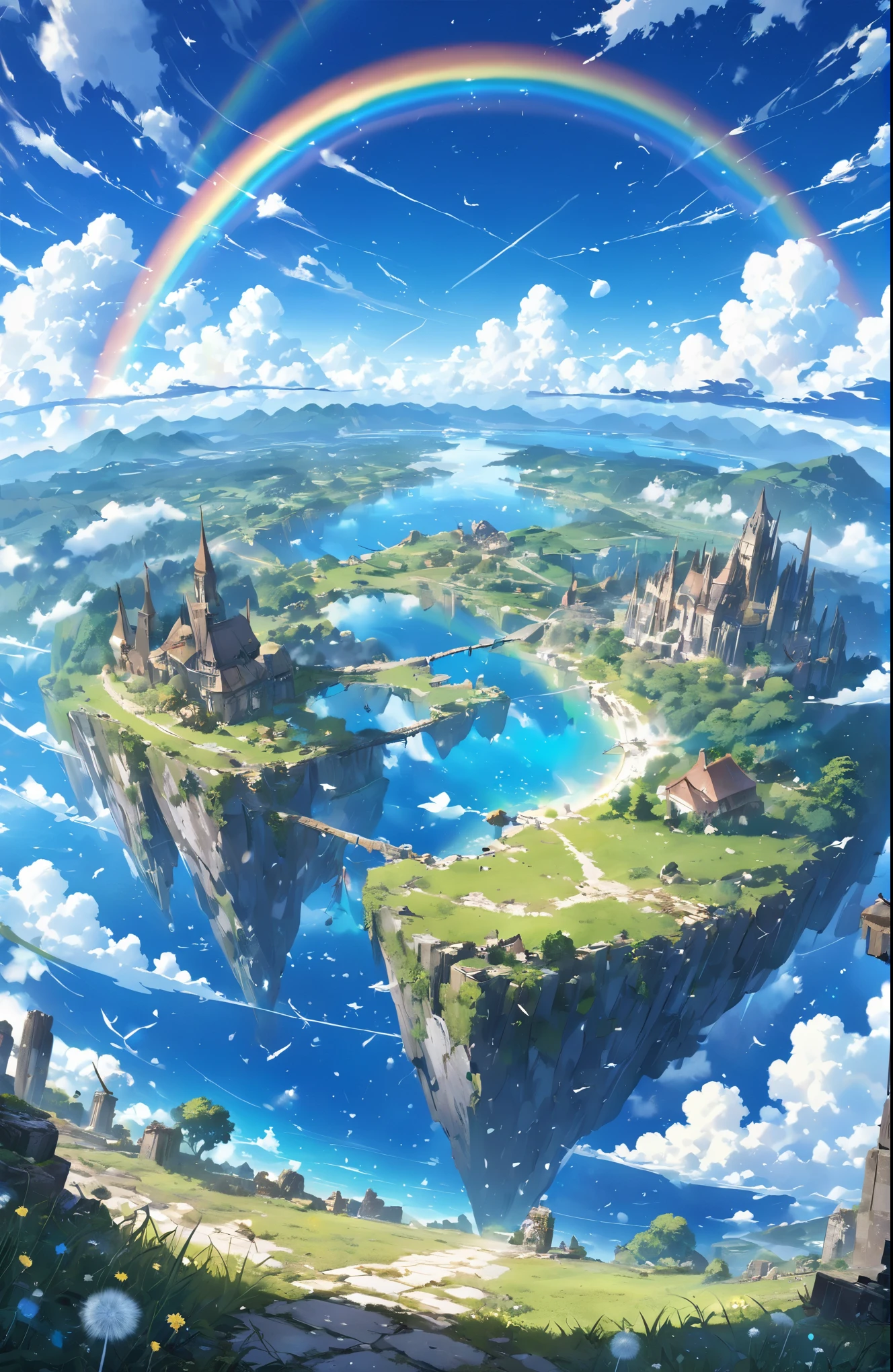 ((Amazingly absurd)),(masterpiece:1.2),超High resolution, Attention to detail, high quality, High resolution, 最high quality, 4K, 8k、very beautiful、landscape、landscape画、Endless blue sky、A rainbow appears、There is a group of ruins、Dandelion fluff flies up,rainbow、Big planet in the sky