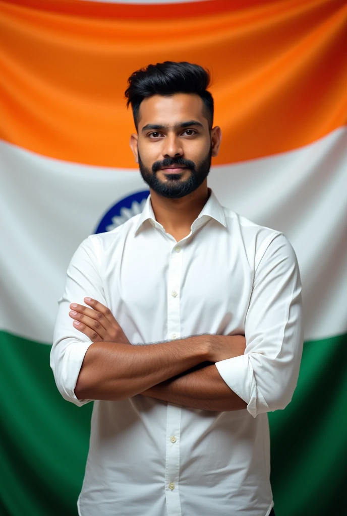 Indian 21 year young professional boy Beard. normal haircut And eye to eye. Best hand position stand position indian flag background
