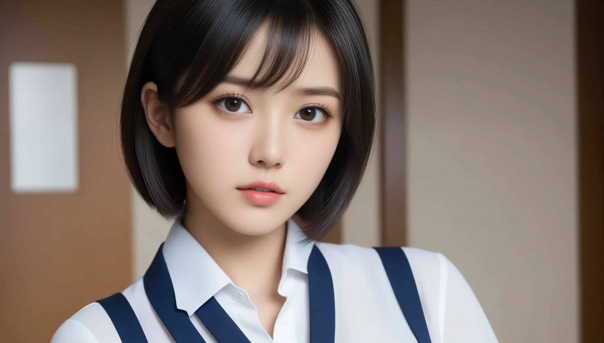 8k, Ultra-high resolution, Highest quality, masterpiece, 三分割法によるphotograph,Surreal, photograph, 1 , (:1.3), cute, cute顔, 細部までBeautiful Eyes, 細かくdetailedに,masterpiece,One Girl:1.2,Japanese women,Secretary,upper body,glaring,Black short hair,Feathered hair,from side,(White collared shirt:1.3),Dark blue blazer,Reception room,white collar,(Beautiful attention to detail),Subtle details, detailedな顔,anger,Attractive eyes,(ポートレートphotograph:1.4),(Photorealistic images:1.4),Fantasy art,(Beautiful Face:1.4),美しくAttractive eyes、Beautiful Eyes,Silver residue,(Tight waist:1.4)、(Beautiful with perfect body proportions:1.4),Pink Lips,profile,(((Ideal body type))),A-cup small breasts :2,、Portraiture:2、Perfect Anatomy、鮮明なdetailed、detailed,Fashion magazine cover,Thin lips,完璧でBeautiful Face ,完璧でcute顔, Skin with attention to detail, Perfect limbs、Narrow waist,Surreal,Light and shadow,spotlight