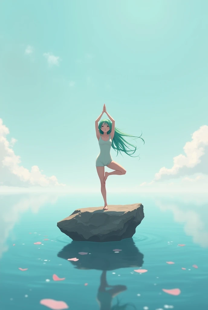 Anime girl doing yoga on a tiny rock