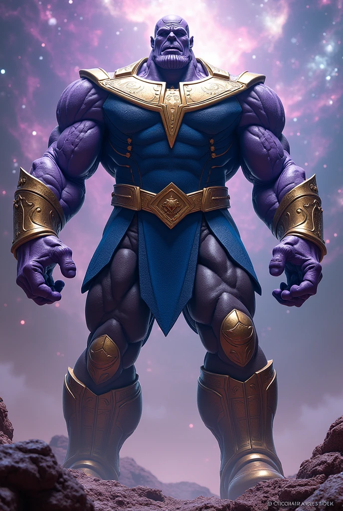 Create a realistic image of a Thanos-style stone giant, purple color, intense blue and gold, with the symbol, CREATE A SCENARIO 