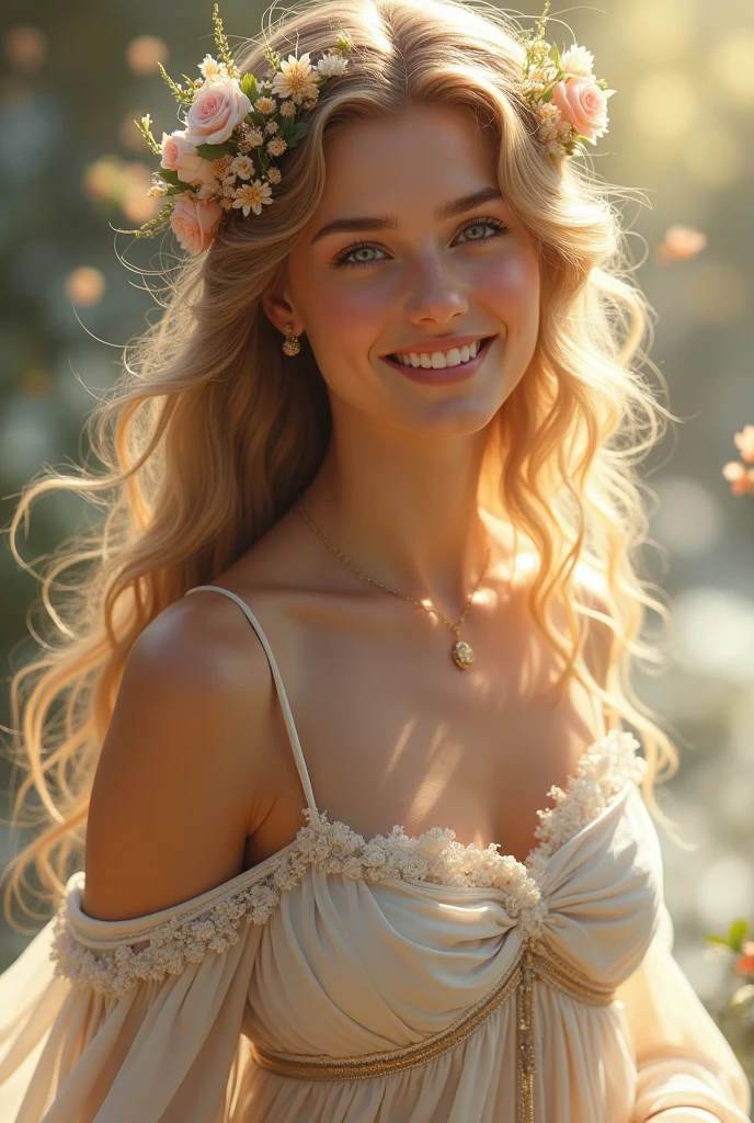 have, goddess of youth in Greek mythology, an image with very evident feminine features and a genuine smile, high quality image 