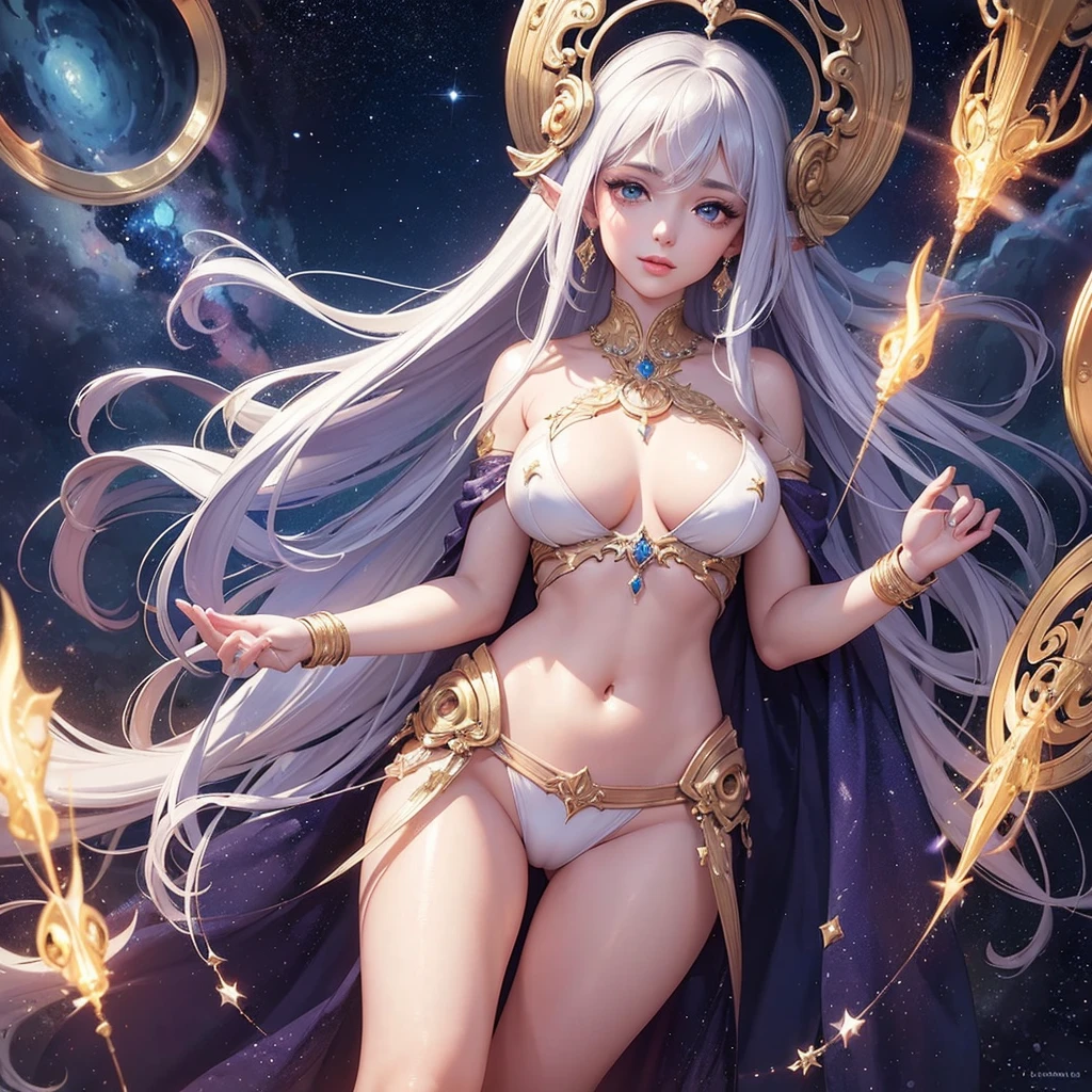 a gorgeous nymph, detailed facial features, beautiful eyes, long eyelashes, detailed lips, detailed nose, detailed ears, detailed facial expression, detailed skin, detailed body, navel showing, full body display, intricate jewelry, flowing ethereal dress, photorealistic, 8k, highly detailed, masterpiece, digital art, fantasy art, magical realism, vibrant colors, dramatic lighting, cinematic composition