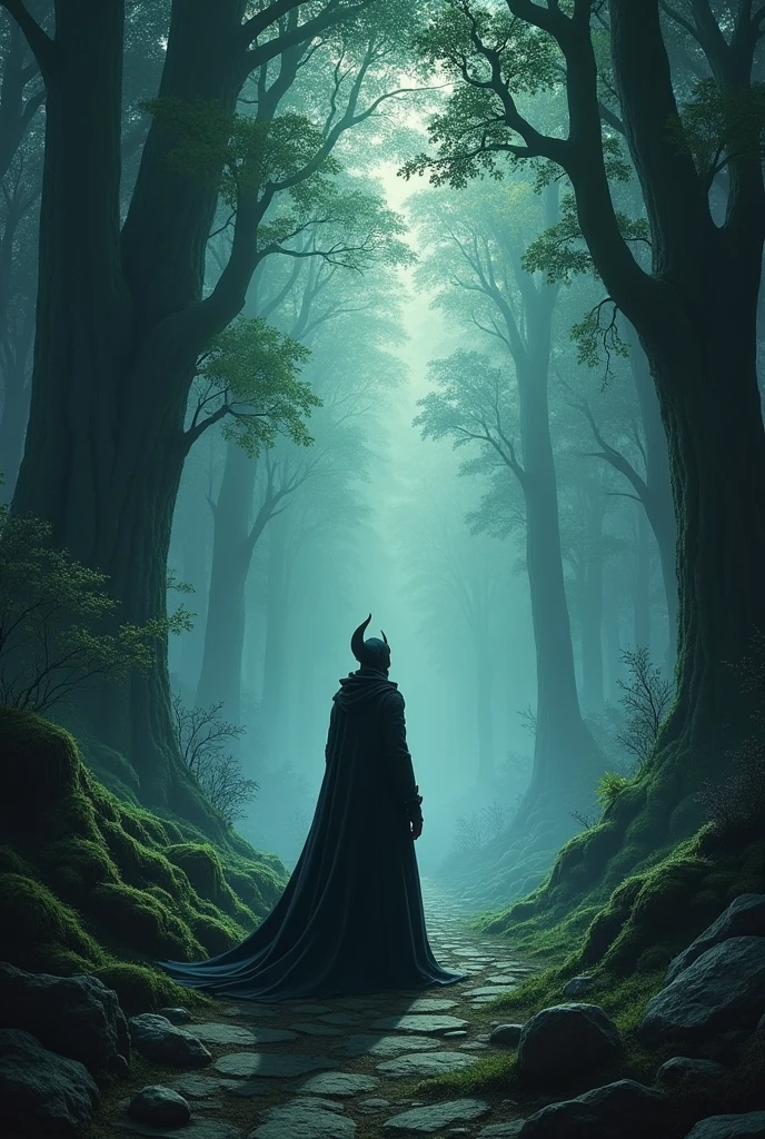 Illustrate the scene of the banishment of the dark elf wizard Elren from the realm of Elfin. He is on the edge of the enchanted forest, with the kingdom receding in the background. Your figure looks small and lonely, as he is consumed by the shadows that surround him. The forest seems to close behind him, sealing your definitive exit.
